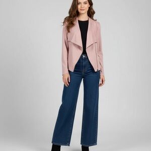 Mote Pink Faux Suede Draped Moto Jacket Womens Large Soft Stretch Zip